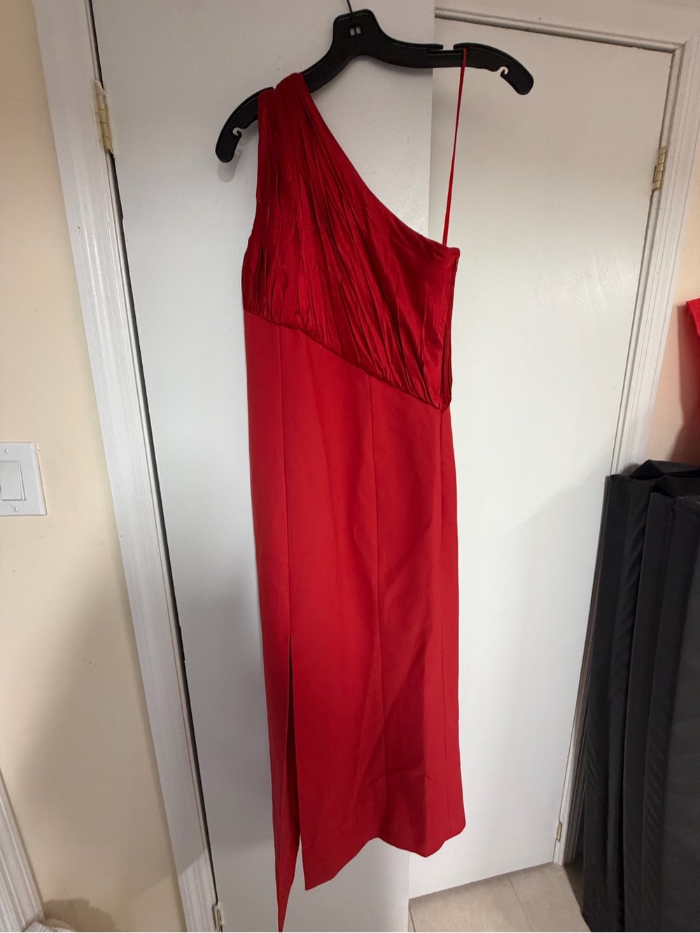 cinq a sept Red One-Shoulder Evening Dress with Draped Beaded Sash